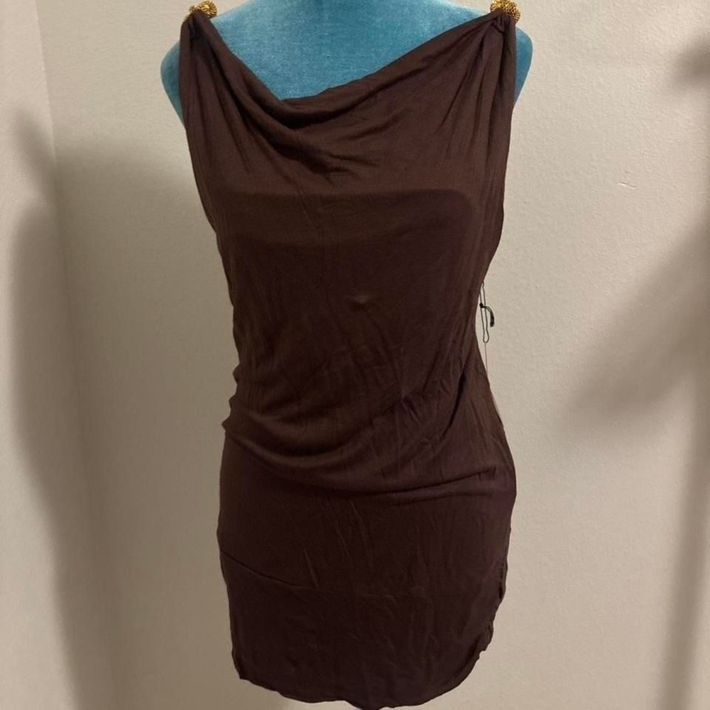 BCBG brown mini dress with gold straps and cowl neck